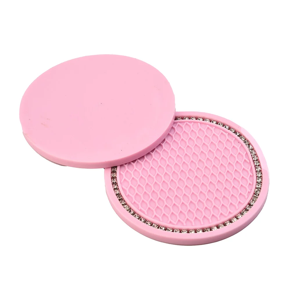 Protect Your Cup Holder Slot, Pink Rhinestone Cup Holder Mat, 2PCS Auto Interior Accessories, Easy to Clean, 7cm Diameter