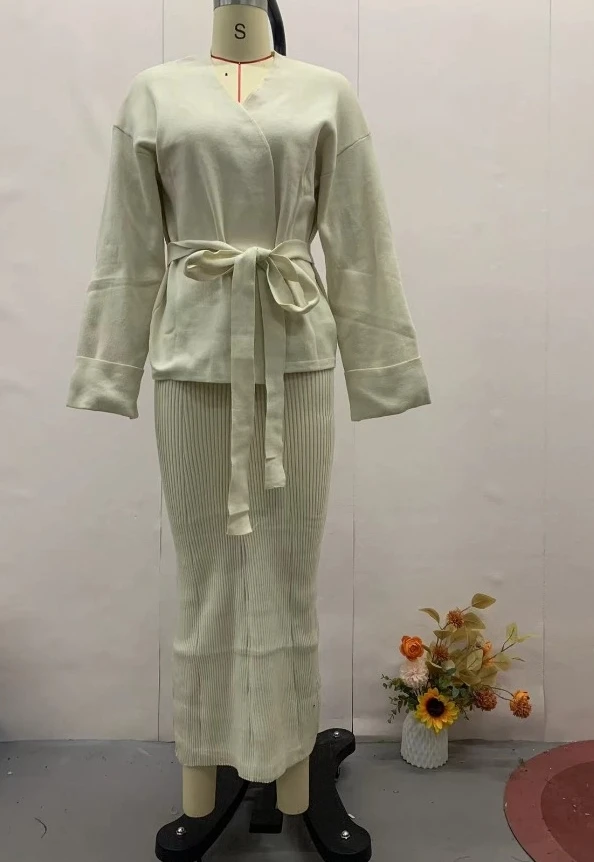 Women Two-piece Set 2024 Winter Solid Color V-neck Long Sleeve Tie Detail Waist Knitted Sweater and Slim Fit Long Skirt Set