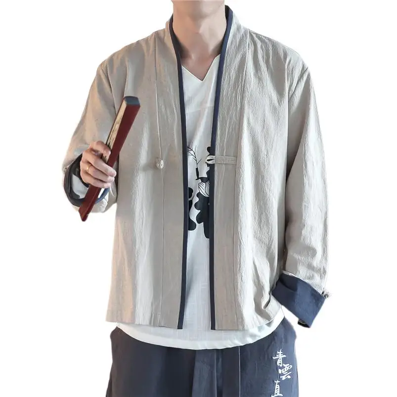 

Vintage Long Sleeve Cardigan Khaki Dark Grey Patchwork Retro Hanfu Shirts Cotton Linen Blouse Men V-Neck Shirts Large Size M-5XL