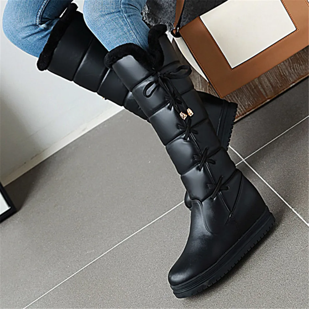 2024 Winter Warm Pink White Snow Boots Women Shoes Low Heels Knee High Boots Female Lace-up Platform Plush Long Boats Mujer