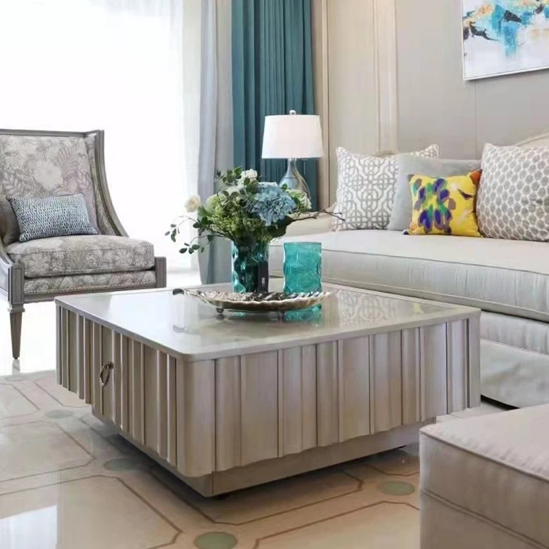American light luxury retro coffee table TV cabinet combination glass silver foil square solid wood coffee table