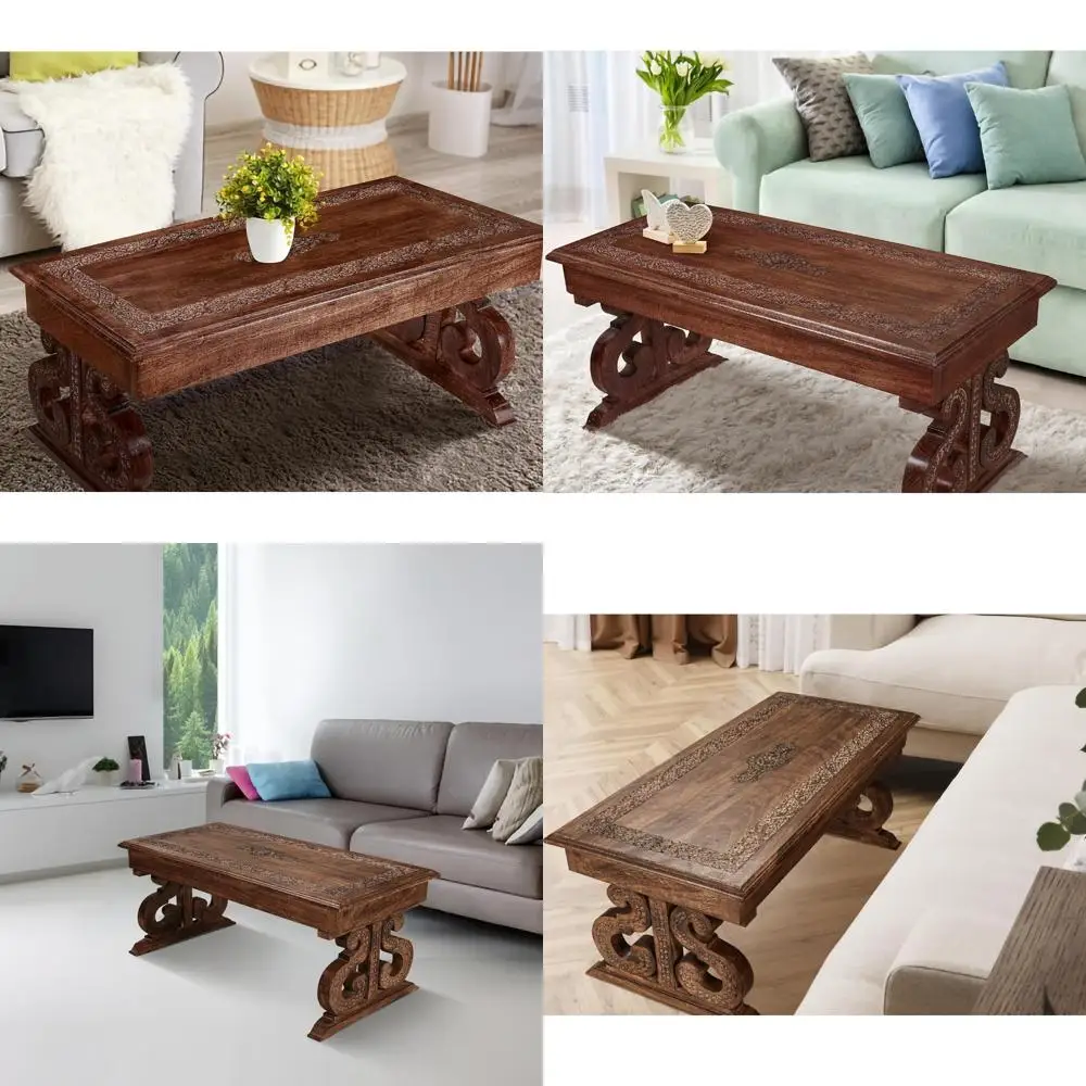 Vintage Mango Wood Rectangular Coffee Table - Rustic Living Room Centerpiece with Detailed Carving