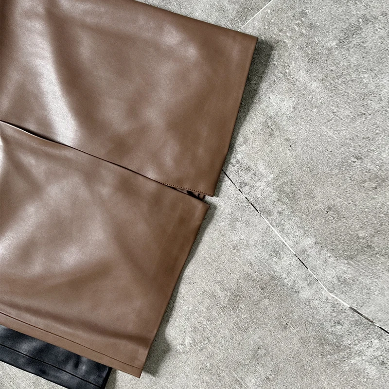 Fashion Mid Length Women Real Sheepskin Skirts Vintage Brown Front Split Female High Waist Skinny Hips Genuine Leather Skirts