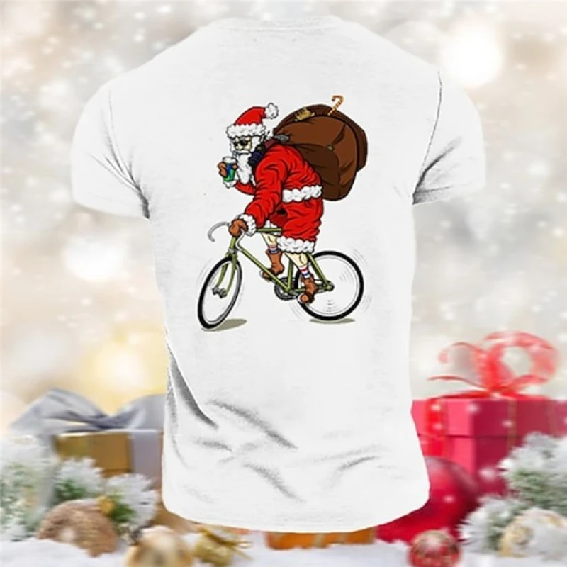ملابس رجالية للجنسين سانتا كلوز على طباعة دراجة احتفالية، تي شيرت رجالي برقبة دائرية وأكمام قصيرة تي شيرت كاجوال مريح Y2k