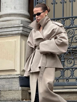 Women Lapel V-neck Belt Trench Coat Fashion Lace Up Full Sleeve Button Short Thin Windbreak 2025 New Lady Daily Street Outerwear 2 Women Lapel V-neck Belt Trench Coat Fashion Lace Up Full Sleeve Button Short Thin Windbreak 2025 New Lady Daily Street Outerwear 2