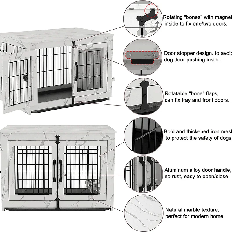 Afneembaar klein meubilair voor binnen, houten hondenkooi met dubbele deur, stalen houten structuur, inclusief hondenhok, toiletpoorten, pennen
