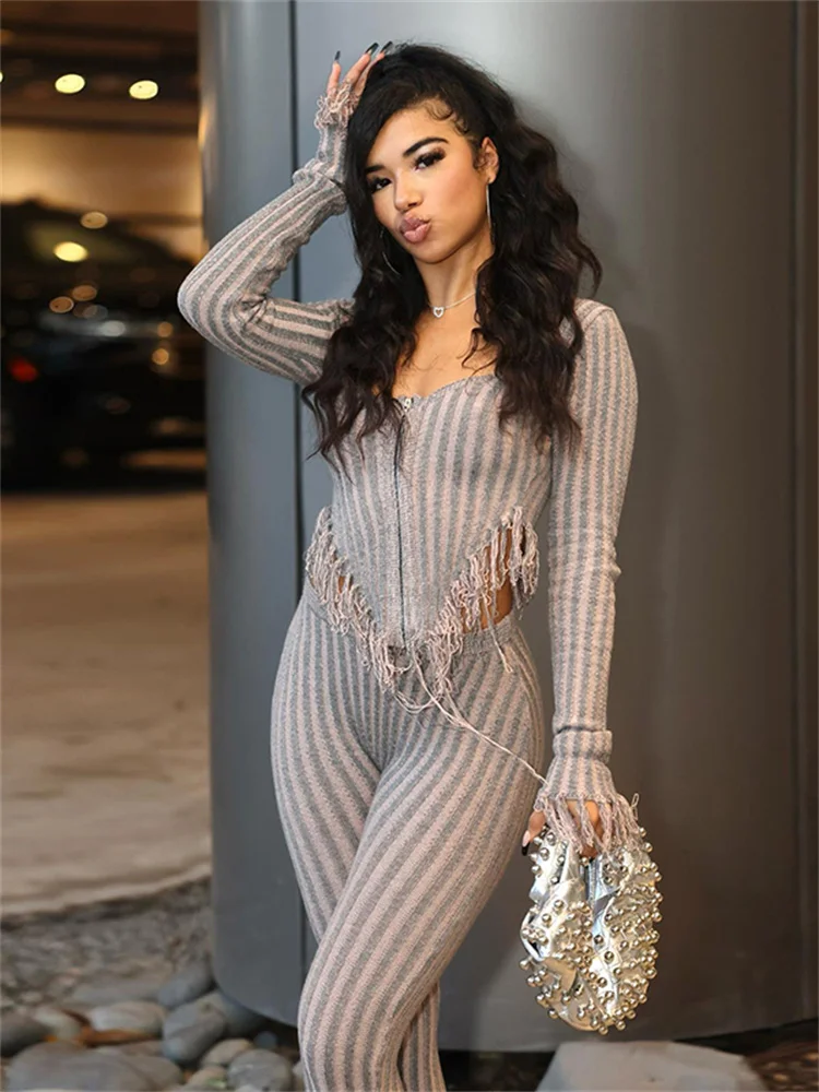 

Macheda Knitted Stripe 2 Piece Set Women Full Sleeve Broken Tassel Zip Jacket+Leggings 2025 Vacation New Trend Streetwear Suits
