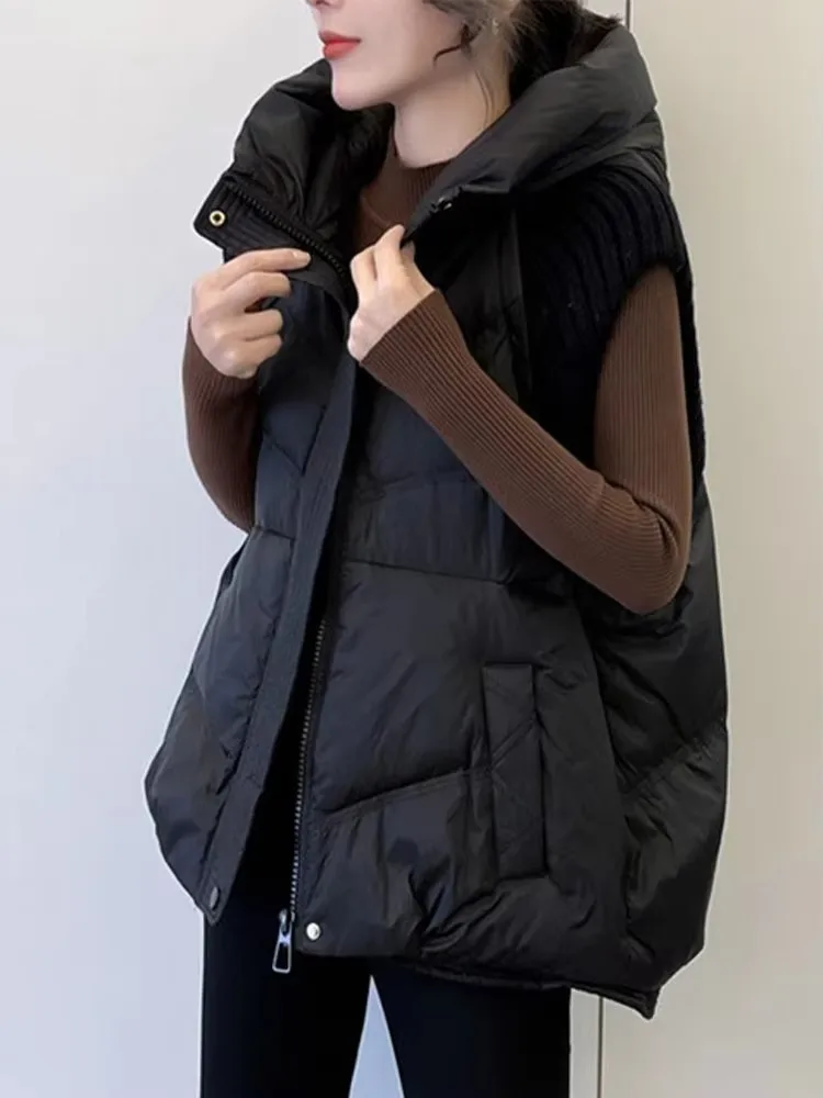 Amax luluE hiver femmes mode tricoté Design canard vers le bas gilet dames loisirs ample chaud à capuche sans manches manteaux neige gilets