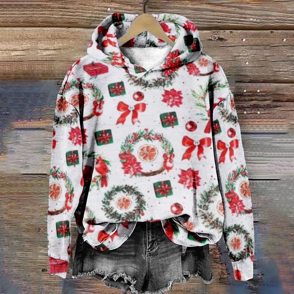 Christmas Hoodie for Women Christmas Wreath Fashion Harajuku Long Sleeve Sweatshirt Casual Party Wear