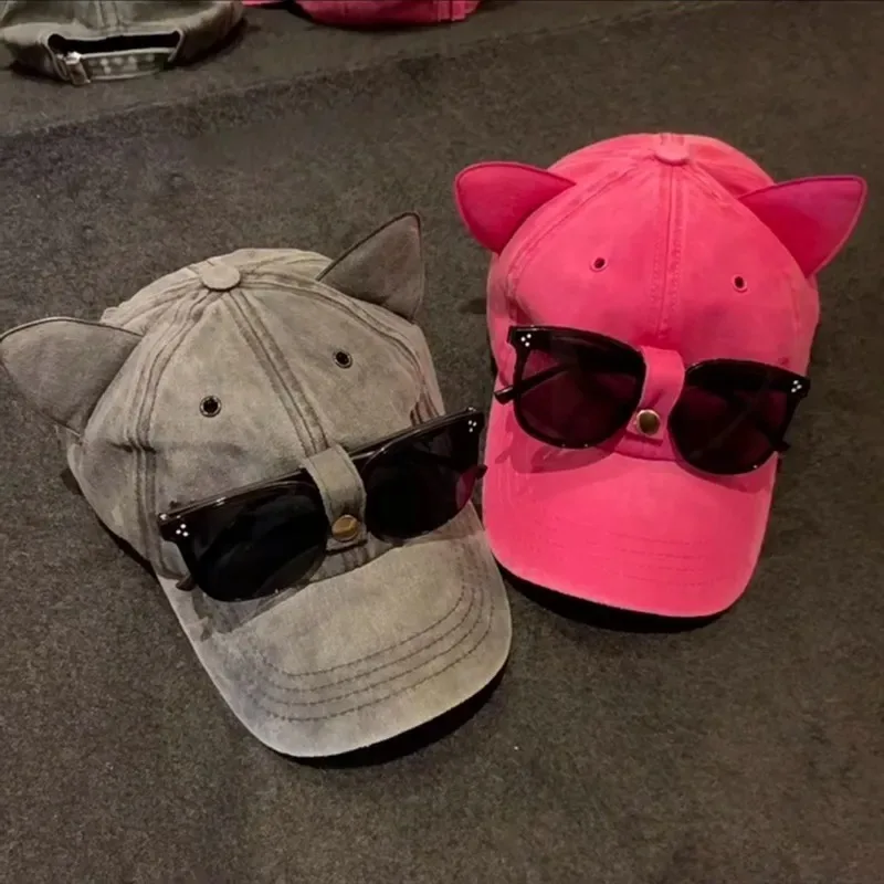 New Y2k Girls Cat Ears Sunglasses Baseball Cap Set Personality Ins Trendy Cool Girl Cap Washed Retro Cotton Baseball Hat