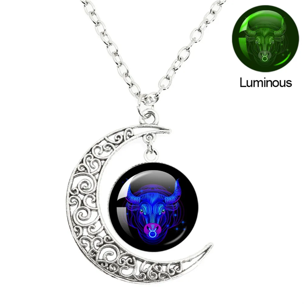 Luminous 12 Constellations Zodiac Signs Necklaces Crescent Moon Pendant Chains Necklace for Women and Men Birthday Jewelry Gifts