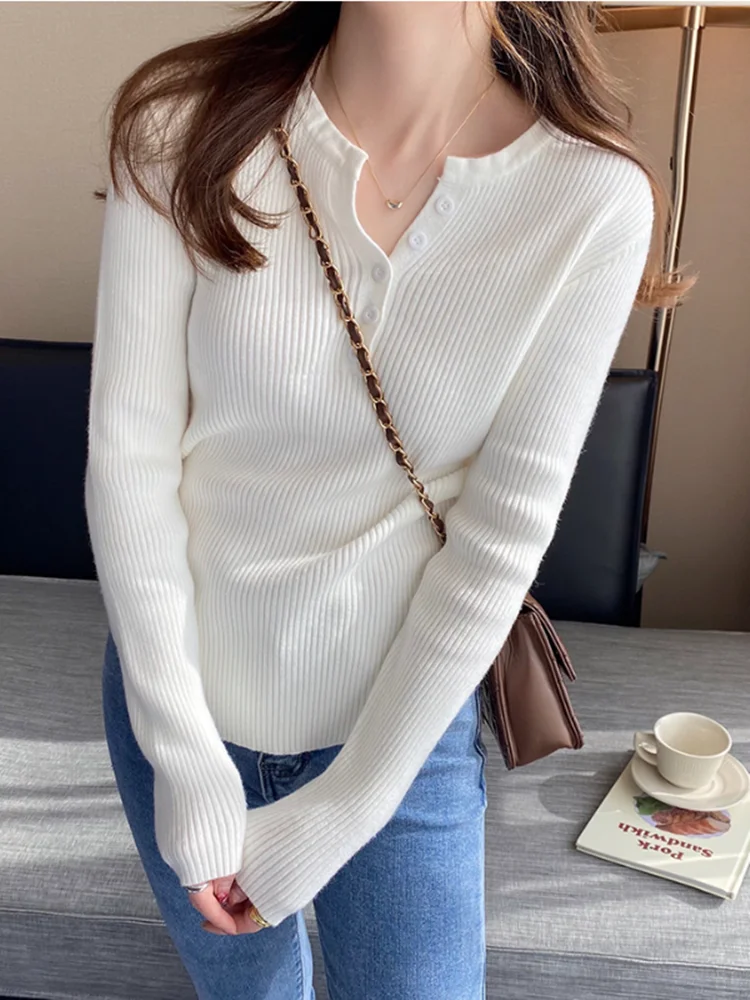 

Осенне-зимняя одежда, женские свитера, однотонные пуговицы с v-образным вырезом, базовые короткие пуловеры, корейская мода, простые женские пуловеры