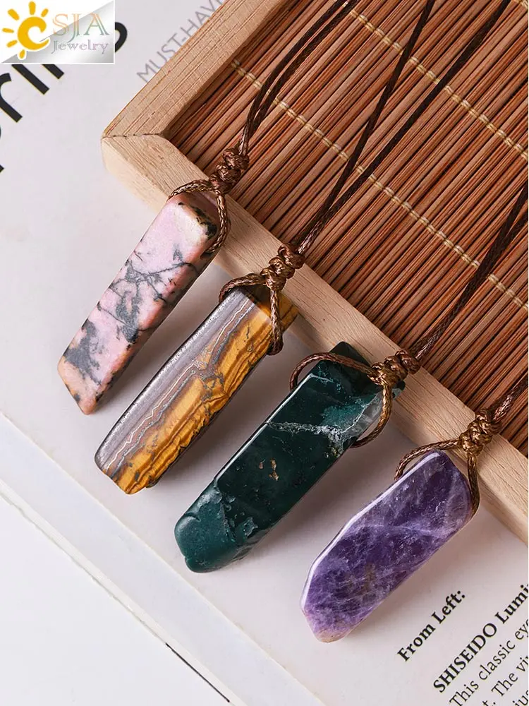 CSJA Healing Crystals Necklaces Irregular Natural Stone Slice Pendant Necklace Pink Quartz Labradorite Tiger Eye Jewelry H090