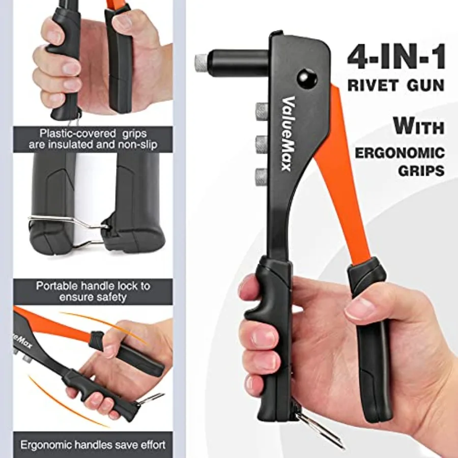 4in1 Hand Riveter Rivet Gun Pop Rivet Tool Kit with 200 Rivets in 3 32inch 1 8inch 5 32inch 3 16inch Sizes and 4 Interchangeabl