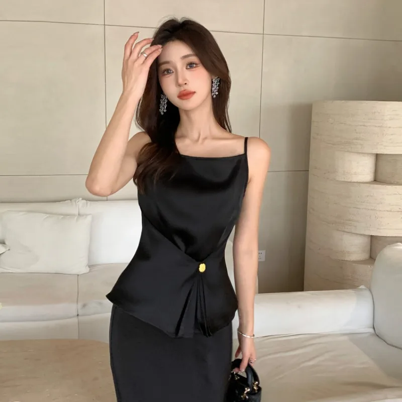 Korejpaa Korean Fashion Camis Women Clothing French Style Slim Waist Black Tank Top Slimming Versatile Sleeveless Ropa Mujer