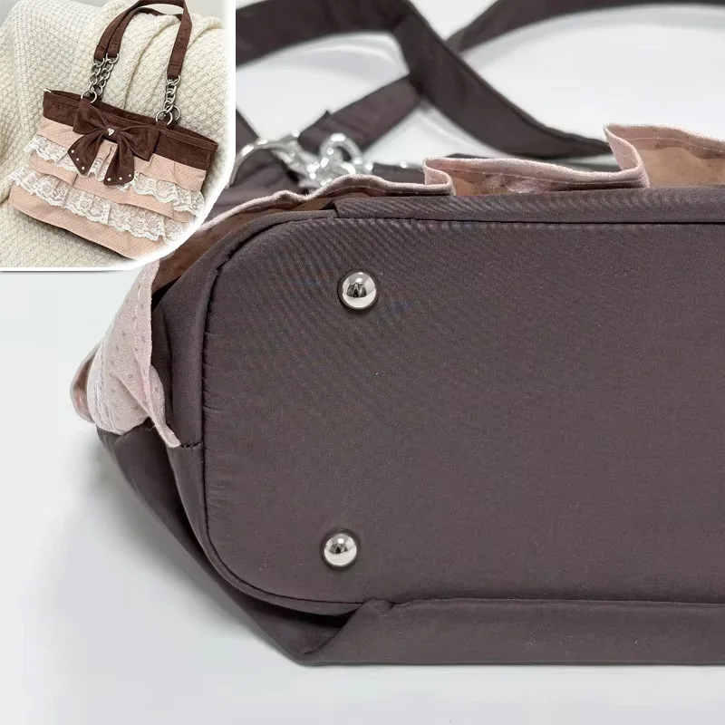 Women Sweet Lace Ruffle Shoulder Bag Korean Vintage Color Block Handbag Large Bow Decor Chain Tote Bag Casual Underarm Purse