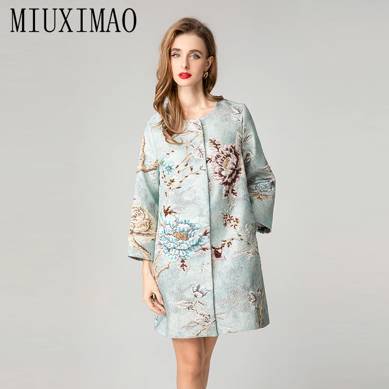 

MIUXIMAO 2025 Autumn&Winter Coat Vintage Jacquard Jacket Slim Diamonds Coat Single Breasted Flower Fashion Outerwear Women