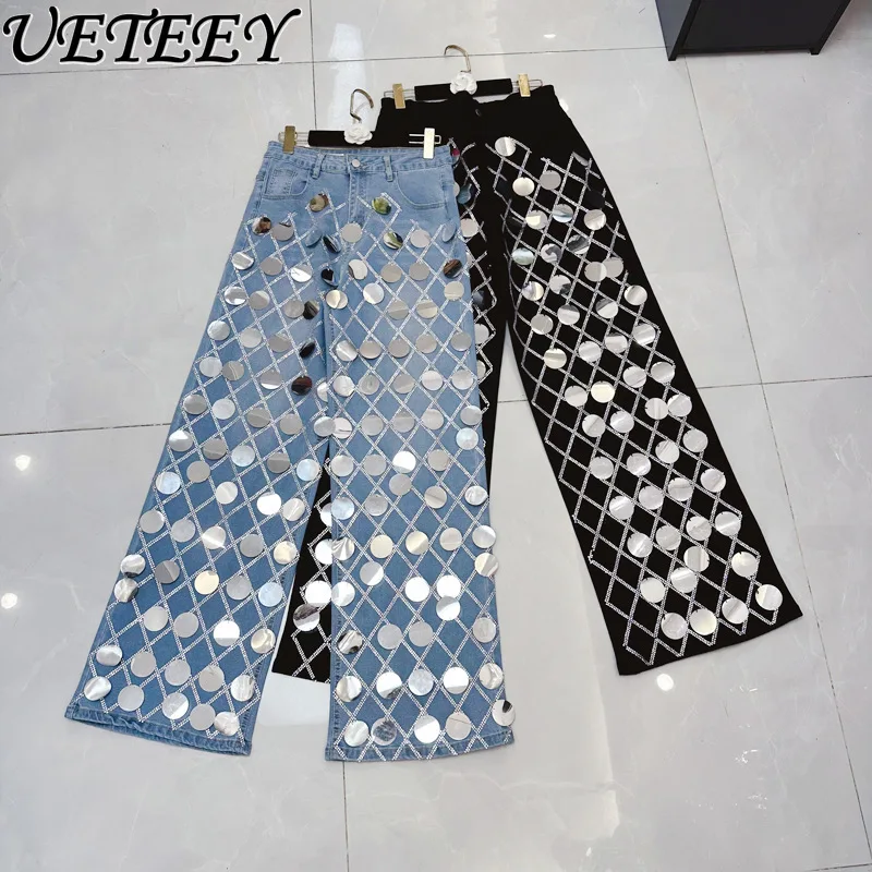 

European Heavy Industry Hot Diamond Large Sequins Casual Pants High Sense Fashion Thin Beaded Wide Leg Trousers Women Blue Jeans