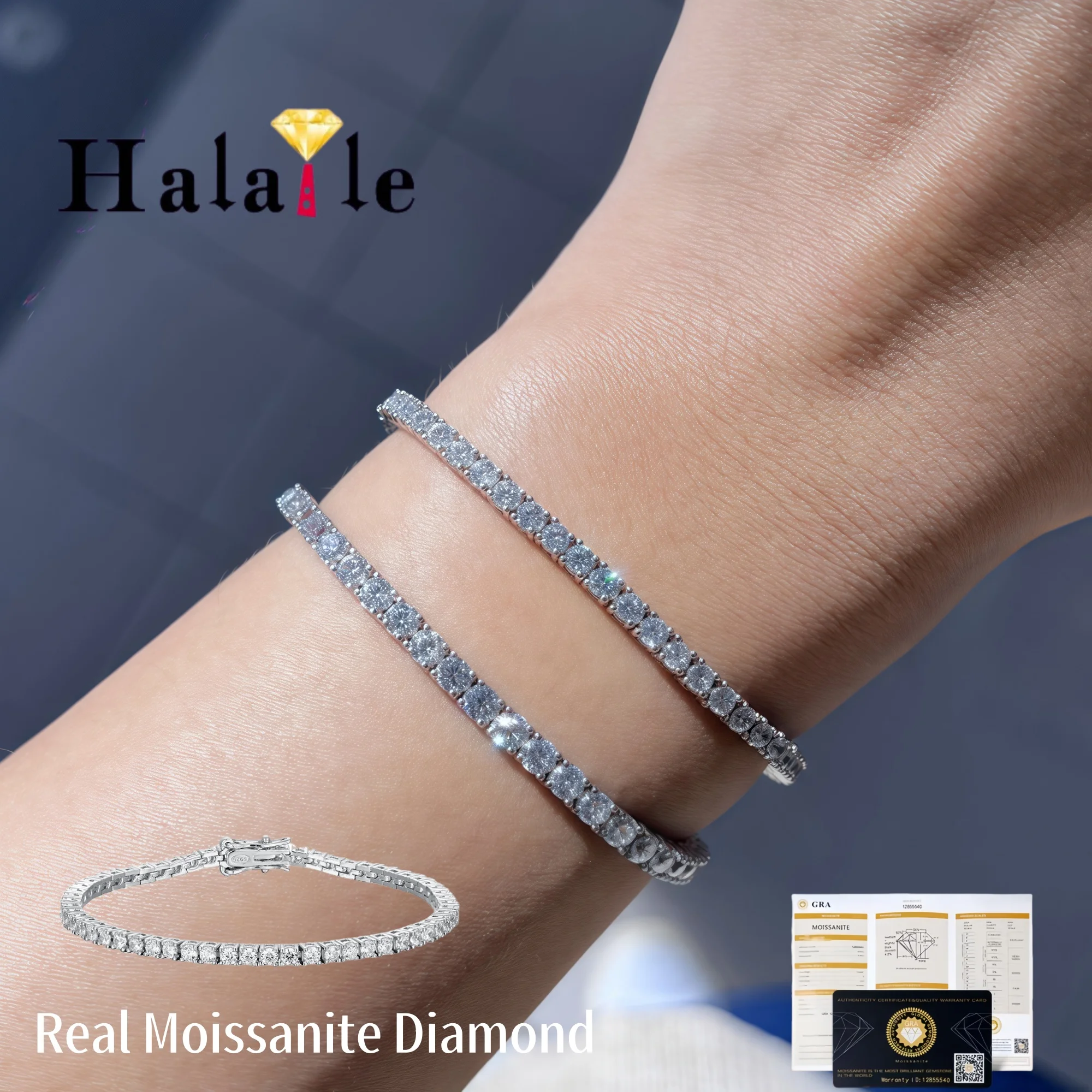 

Halaile 2.5mm 0.06ct Moissanite / Zircon Bracelet S925 Sterling Silver For Men Women Sparkling Round Cut Fine Jewelry Versatile