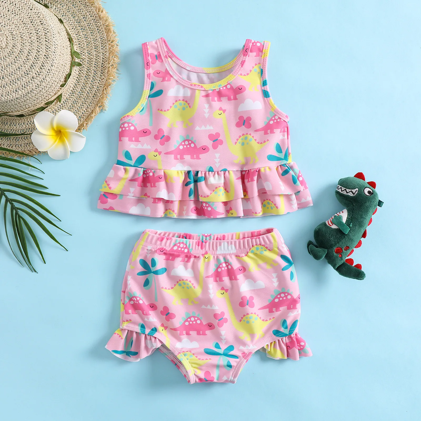 

Summer Girls Two-piece Swimsuit Bikini Baby Cartoon Dinosaur Print Pink Frill Tankini Set Toddler Swimwear Vacation Beachwear