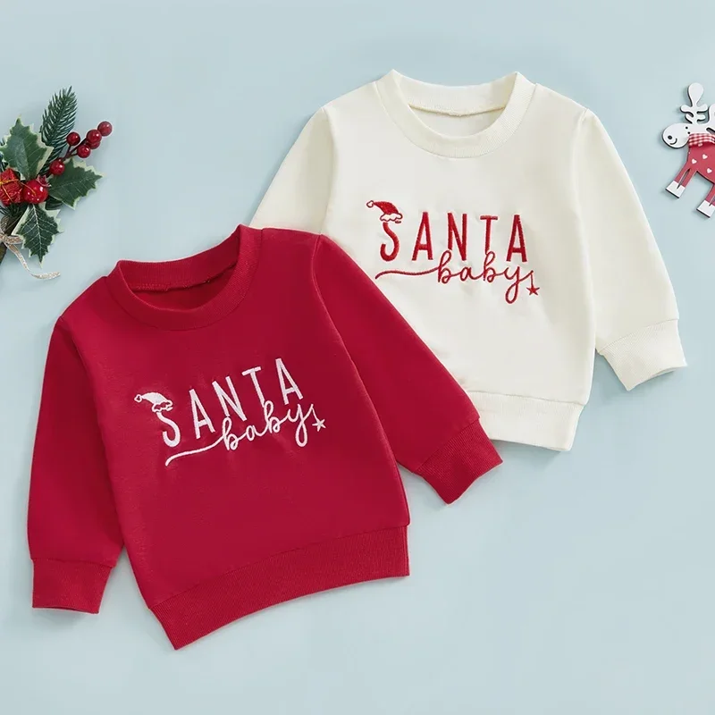 Toddler Boy Girl Christmas Sweatshirt Letter Hat Embroidery Long Sleeve Round Neck Pullover Tops Baby Clothing