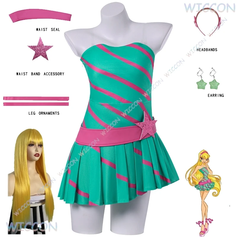 

Stella Princess Cosplay Green Dress Daily Cosplay Anime Cartoon Girls Roleplay Halloween Women Party Sexy Clothes Wig Dress up