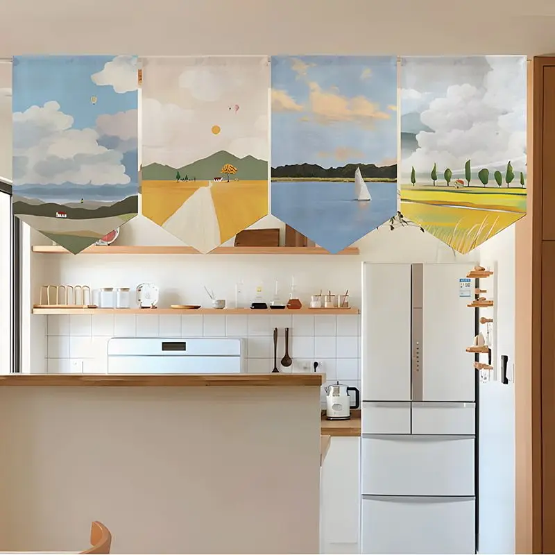 Cartoon Countryside Landscape Triangle Japanese style Door Head Short Curtain Partition Curtain Coffee Shop Kitchen Home Decor