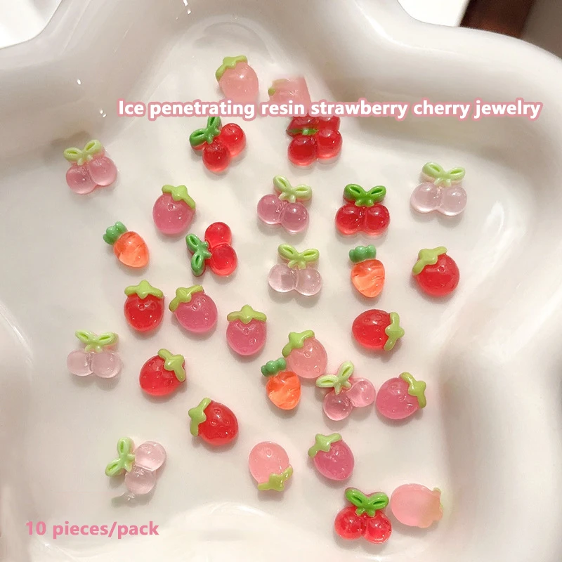 10Pcs Resin Mini Cherry Strawberry Nail Charms Flat Back Rhinestone Figurines DIY Manicure Decor Crafts