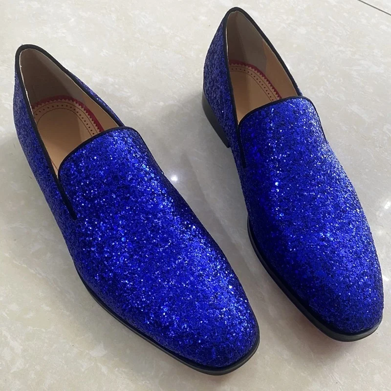 

Royal Blue Man Sequin Shoes Luxury Fashion Glitter Loafers Dress Shoes Slip-on Men's Flats Party And Wedding Shoes