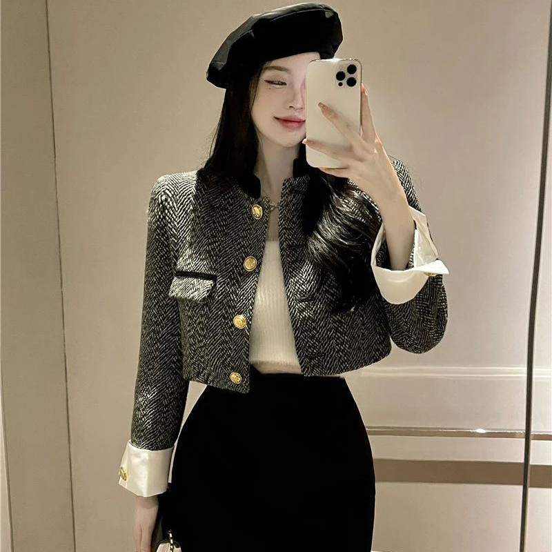 Y2K Retro Women Crop Coat Korean Elegant Stand Collar Female Jacket Autumn All Match Button Long Sleeve Ladies Casual Tops