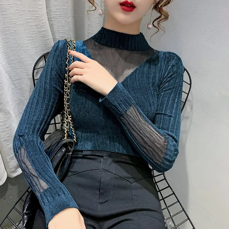 2023 Autumn/Winter New Half High Collar Long Sleeve Lace Bottom Sweater Slim Elasticity Bottoming Leisure Women\'s Knit Sweater