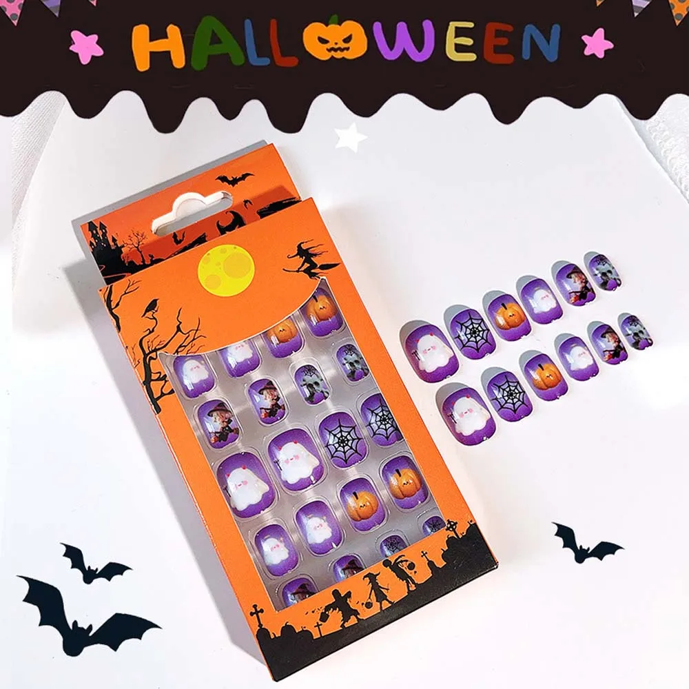 Uñas postizas de murciélago y telaraña para niños, suministros de uñas postizas de Halloween, calabaza, fantasma, dibujos animados, Gel de gelatina, 24 unidades por juego