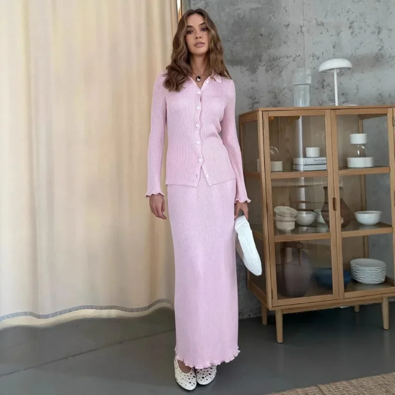 Laxsesu manga longa malha cardigan saia superior 2 peças conjunto feminino outono inverno babados moda camisola superior e saia longa conjunto