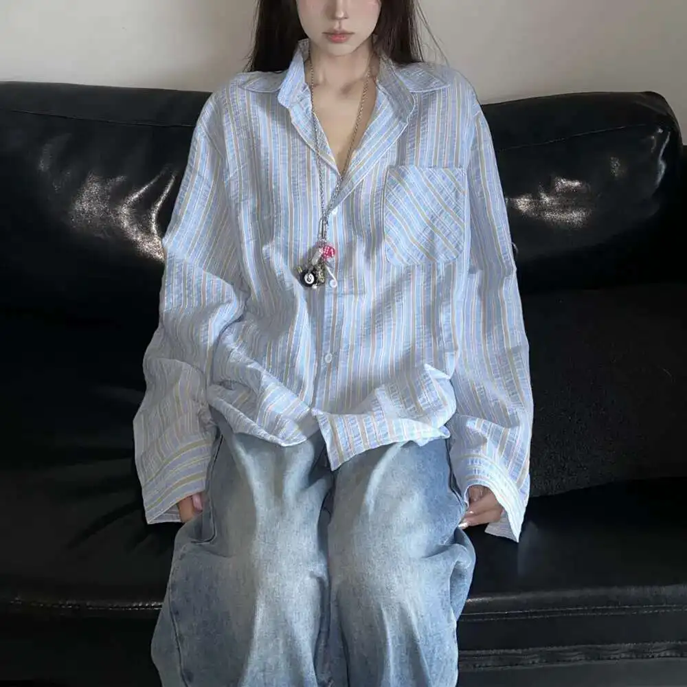 

American Autumn Women Casual Striped Shirt Jacket For Women, Loose And Versatile, Sunscreen Long Sleeved Shirt