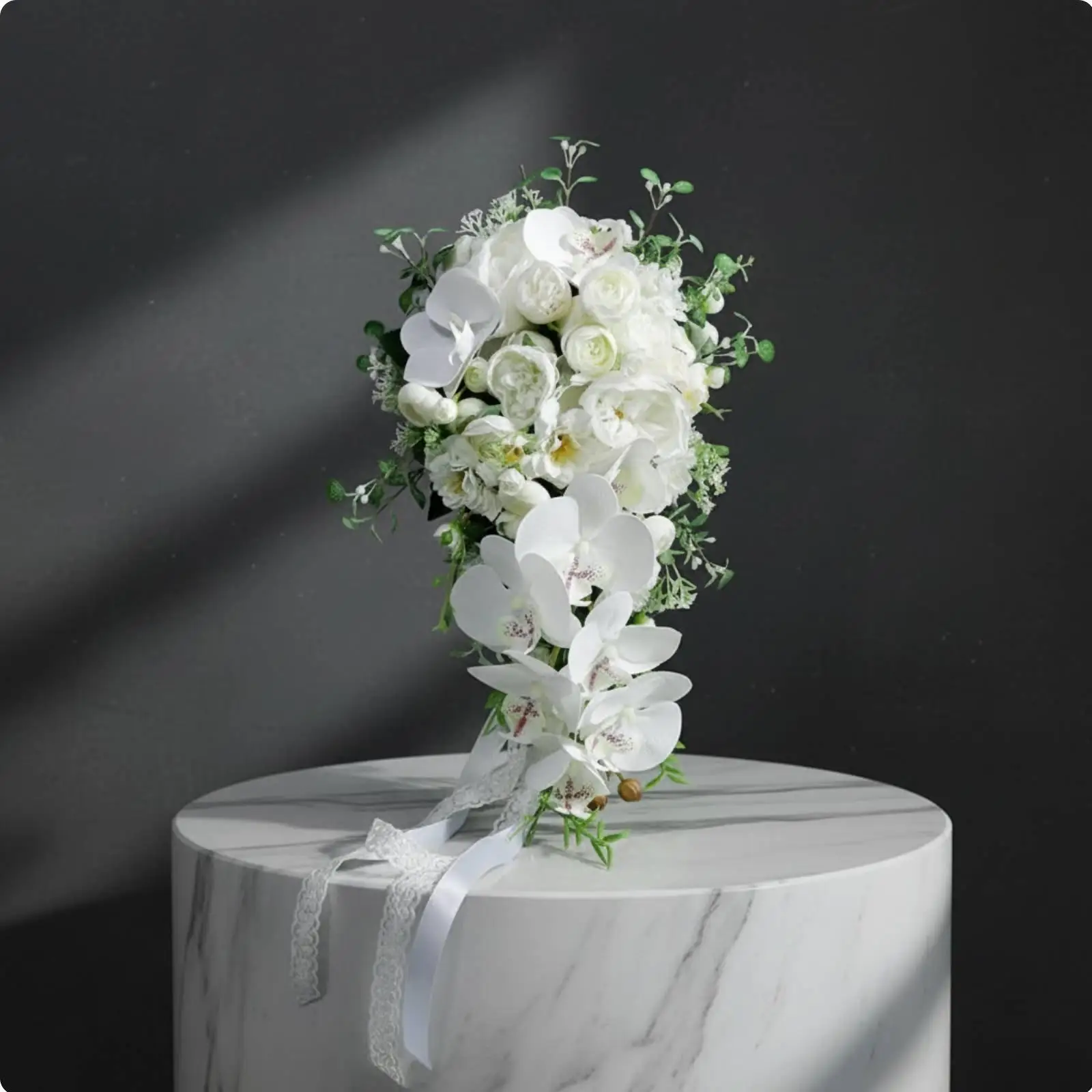 White Waterfall Bridal Bouquet Silk Artificial Flowers for Wedding Bride Elegant Teardrop Design Decoration