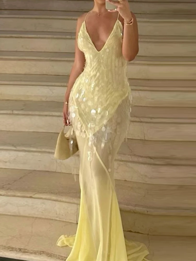 Backless Sequins Patchwork Simple Party Dress, Women Summer Solid Deep V Neck Maxi Dress, New Lacing Up Ladies Dresses Vestidos