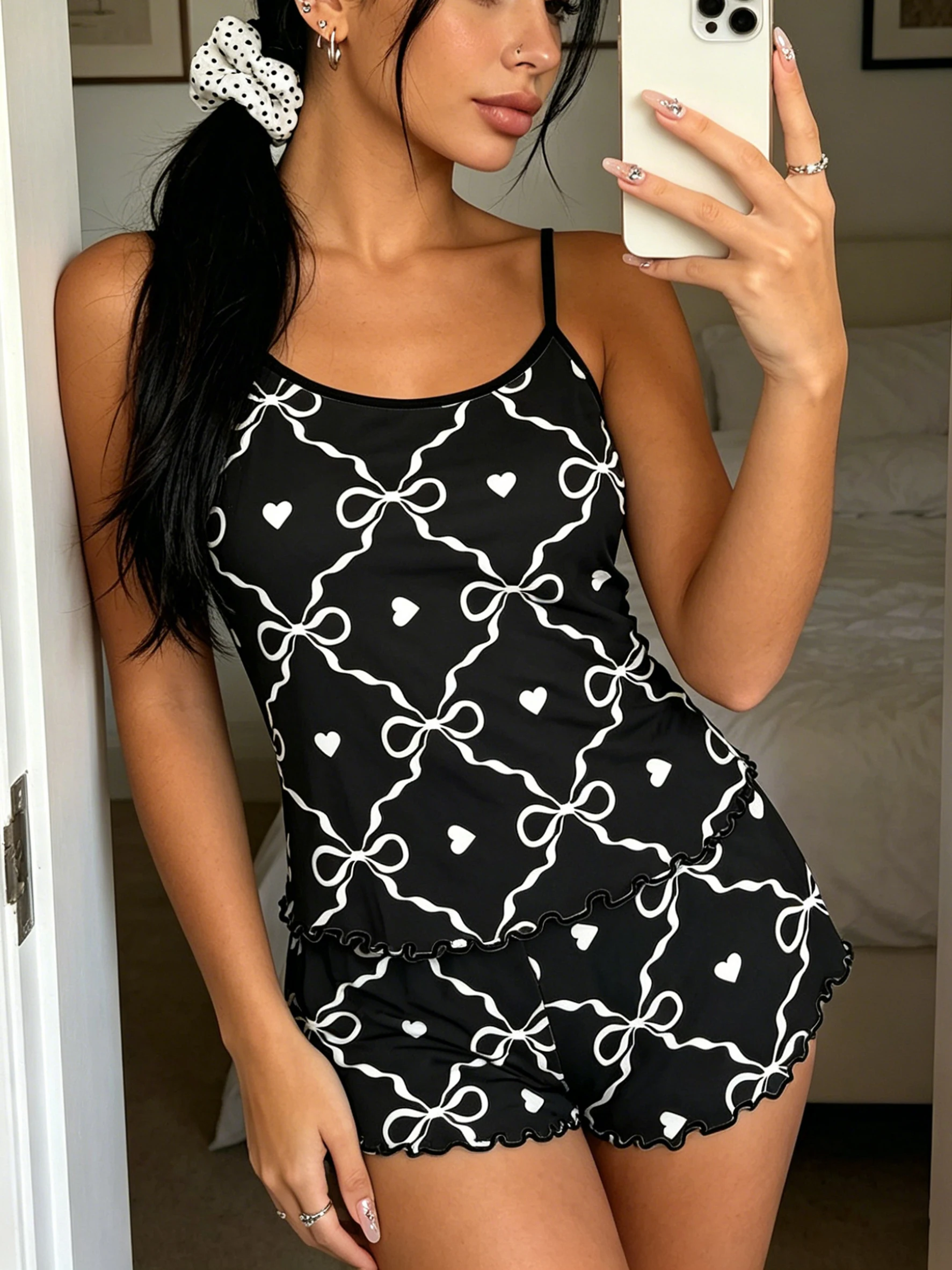 Women Spaghetti Strap Pajama Set Ruffle Trim Round Neck Sleeveless Cami & Shorts Spring Summer Fall Chic Geometric Bow Print