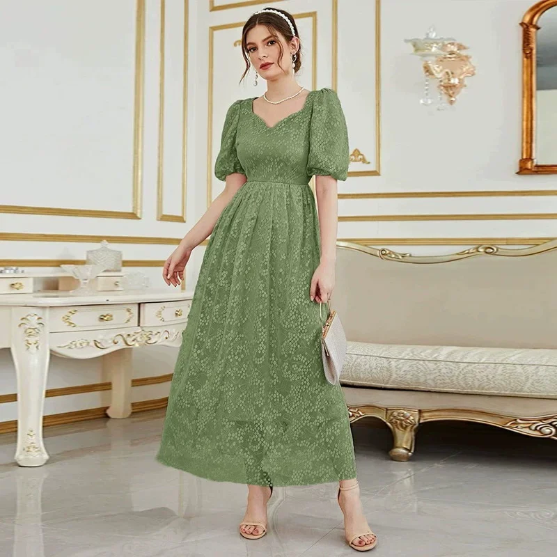 European and American Women's Fashion and Leisure 2023 Summer New V-neck Bubble Sleeve A-line Large Swing Dress Catwalk Dresses