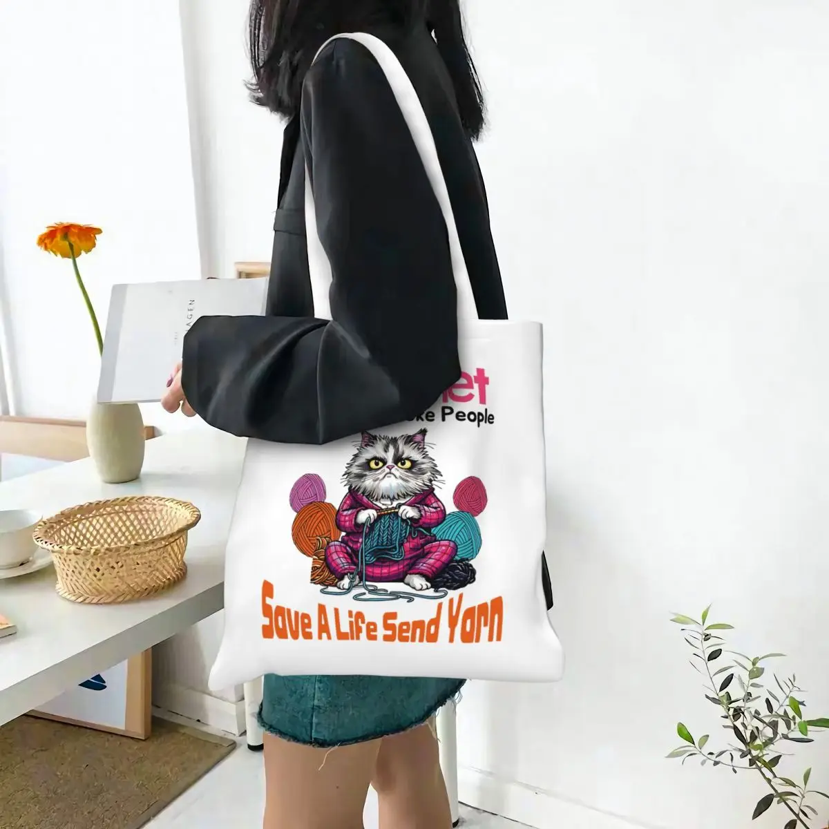 

Unisex I Crochet So I Don't Choke People Pyjamas Cat Crocheting Tote Bags Canvas Funny Cat Meme Shopping Bag for Ladies Handbags