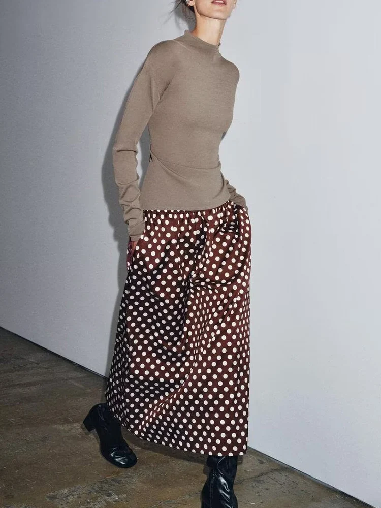 

European and American style autumn new fashion trend simple women's clothing versatile high waist A-line polka dot midi skirt