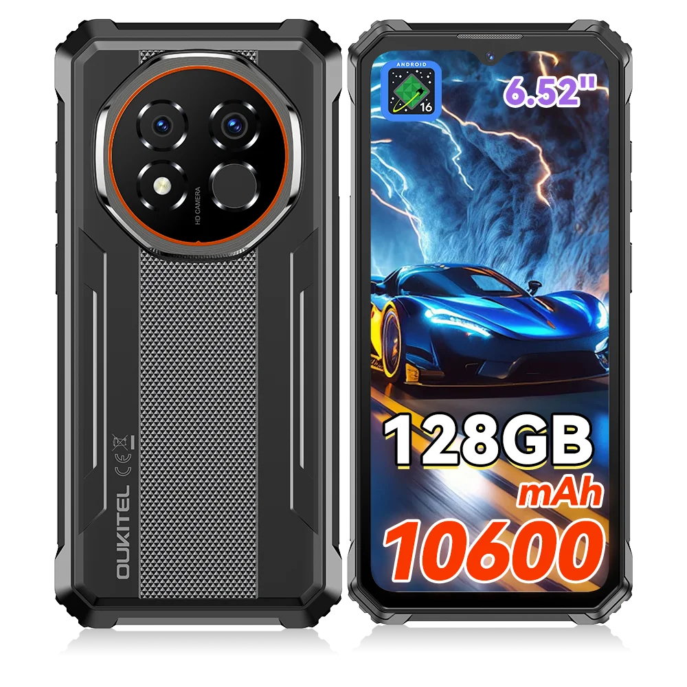 OUKITEL G6 Robustes Smartphone, 16GB(4+12)RAM 128GB ROM, Android 16, 10600mAh, 6,52" HD+ 90Hz Display, 64MP Hauptkamera, NFC