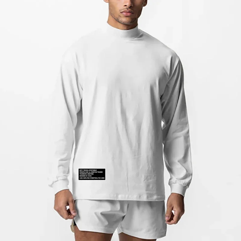 Oversized Loose Men's Running T-Shirt Gym Bodybuilding Turtleneck Long Sleeve Pullover Dropped Shoulder Breathable Cotton Shirt