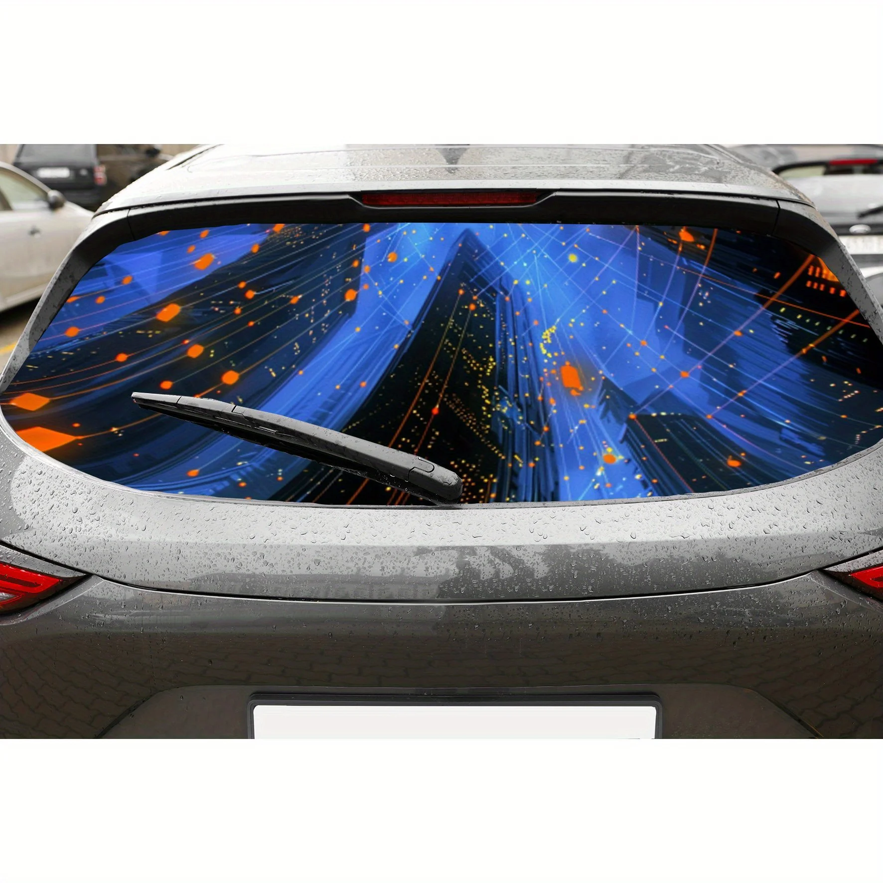 

Blue Orange Grid in 3D Space Car Rear Window Vinyl Wraps, Waterproof Self-adhesive Car Vinyl Wraps, Surface Protection, Personal
