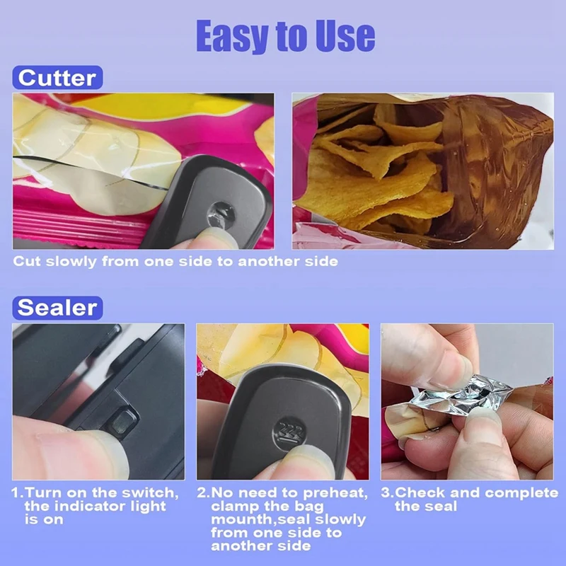 Mini Bag Sealer With Cutter,Rechargeable 2 In 1 Chip Bag Sealer,Portable Sealer Machine Kitchen Gadget