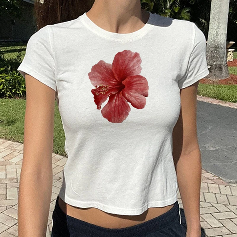 

2024Women Summer Retro Floral Flower Print Slim Graphic Crop Top Flower Print Women Printed Tees Vintage Classic Clothes