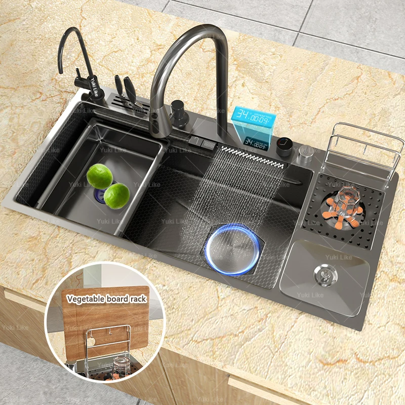 アップグレードされたキッチン モダン スマート ナノ ステンレス製シンク ウォーターフォール デジタルディスプレイ シンク ゴミ箱付き カウンター上キッチン用