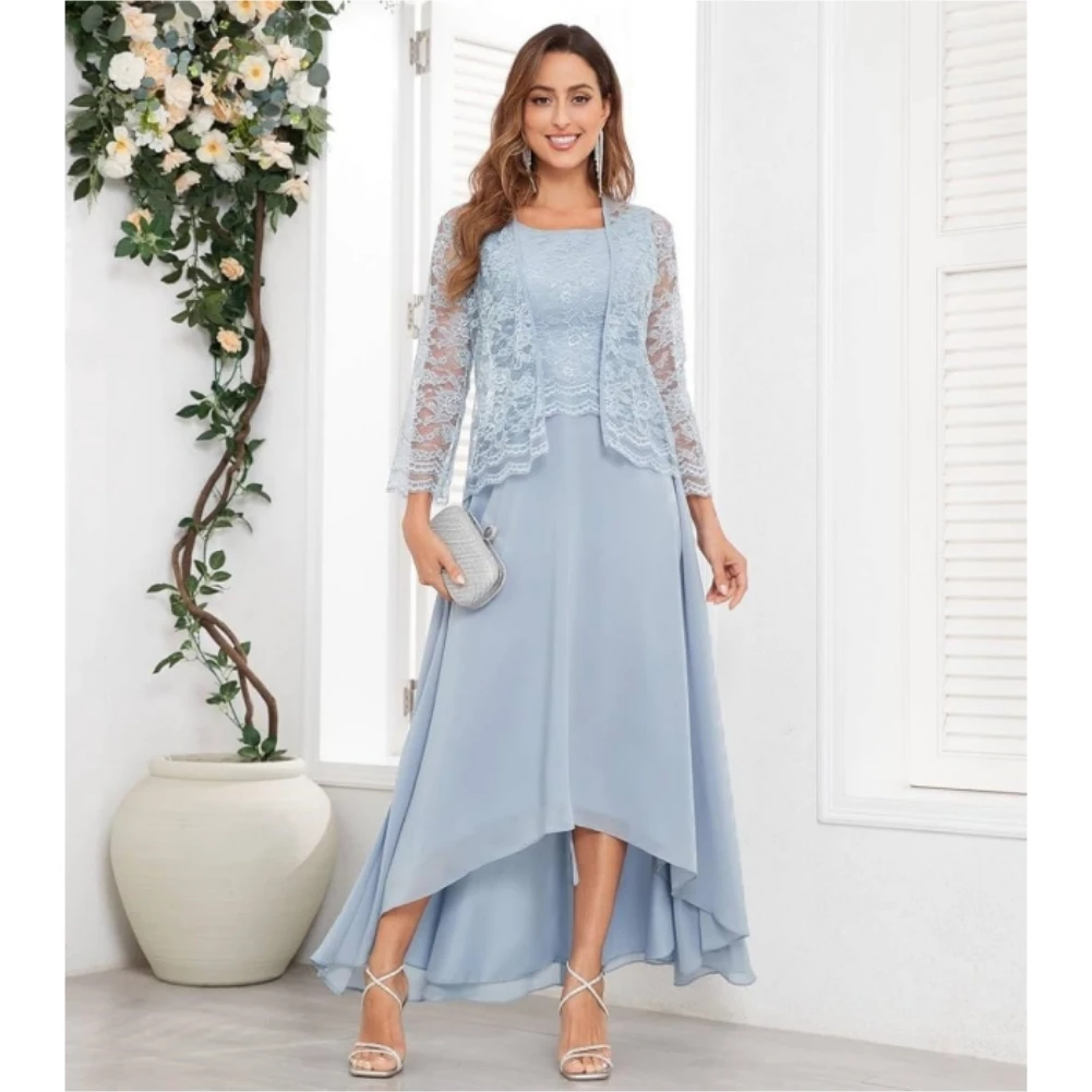 

Lace 3/4 Sleeve 2 Pieces Wedding Guest Dress Mother of The Bride Dress with Jacket Ruffles Chiffon High Low Formal Evening Gowns