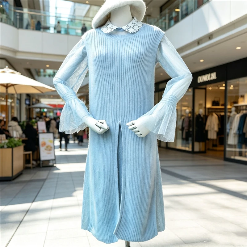 Ladies Women Fashion Hairy Angora Rabbit Hair Knitted Two-piece Set Split Cut Vest Mesh Beaded Lapel Dress Sweater Jumper Pull