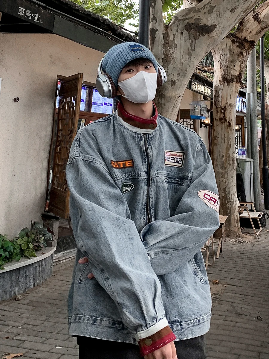 

Retro Waed Racing Jaet Men's Spring Autumn Loose Fit Zipper Denim Coat Sli American Brand Stand Collar Versatile Cool