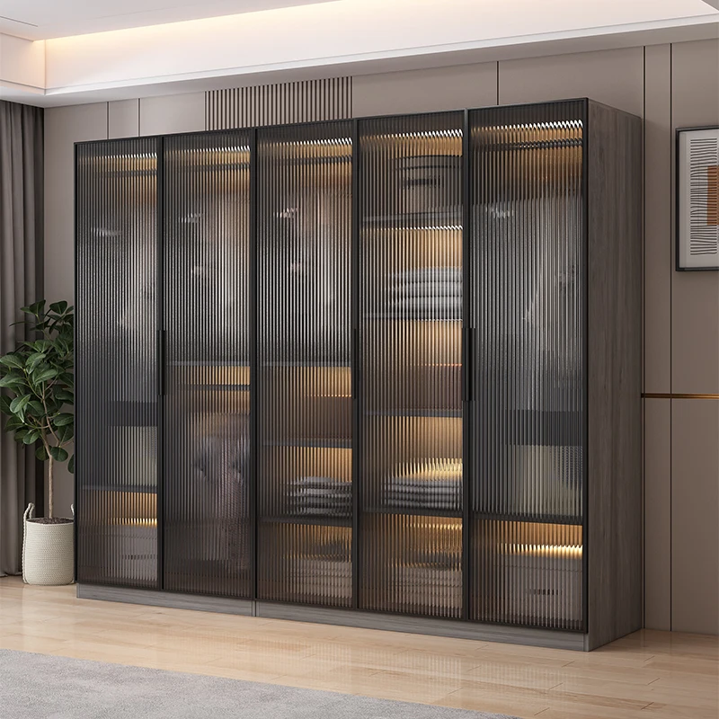 Solid Wood Glass Door Large Wardrobe Bedroom Cloakroom Locker Can Be Customized Flat Sliding Door Modern Furniture Luxury Big